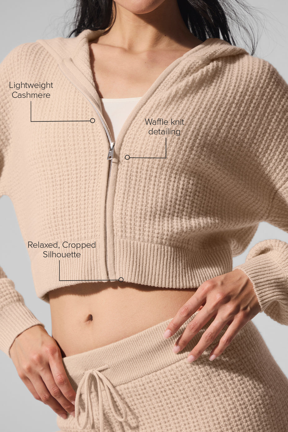 alo Cashmere Plush Waffle Full Zip Hoodie - Macadamia Blush