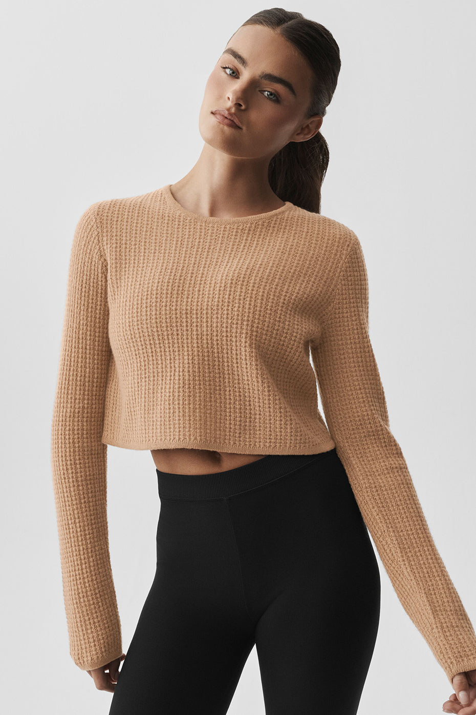 alo Cashmere Plush Waffle Cropped Long Sleeve - Toasted Almond