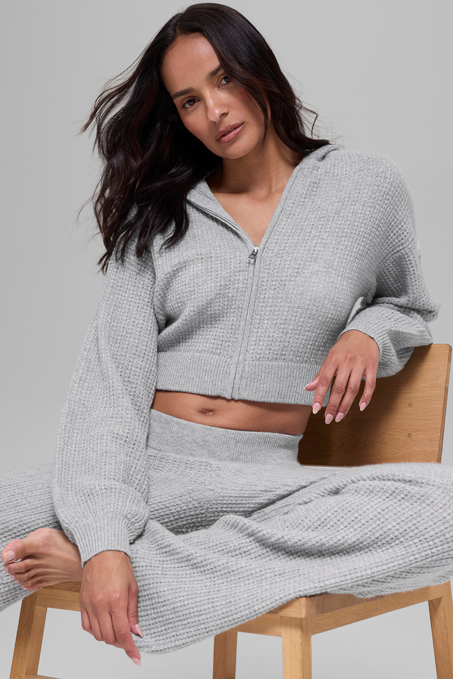 alo Cashmere Plush Waffle Full Zip Hoodie - Athletic Heather Grey