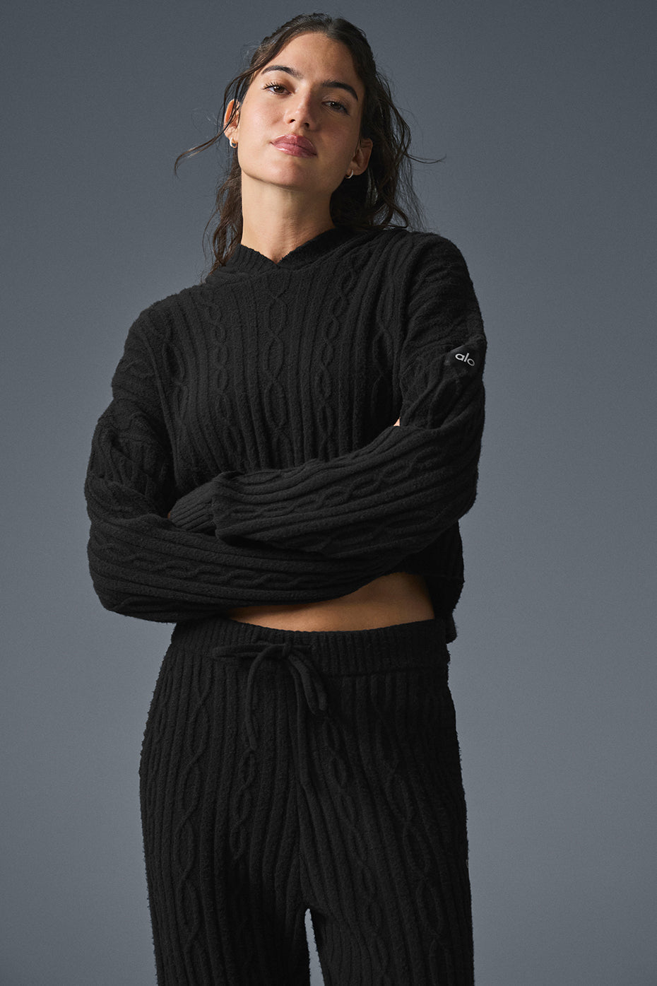 alo Cable Knit Winter Bliss Hoodie - Black