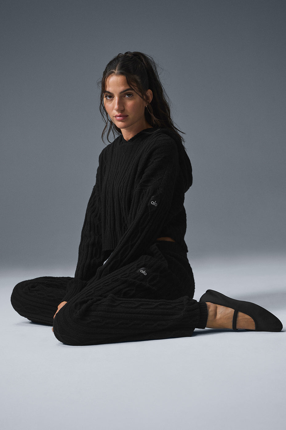 alo Cable Knit Winter Bliss Hoodie - Black