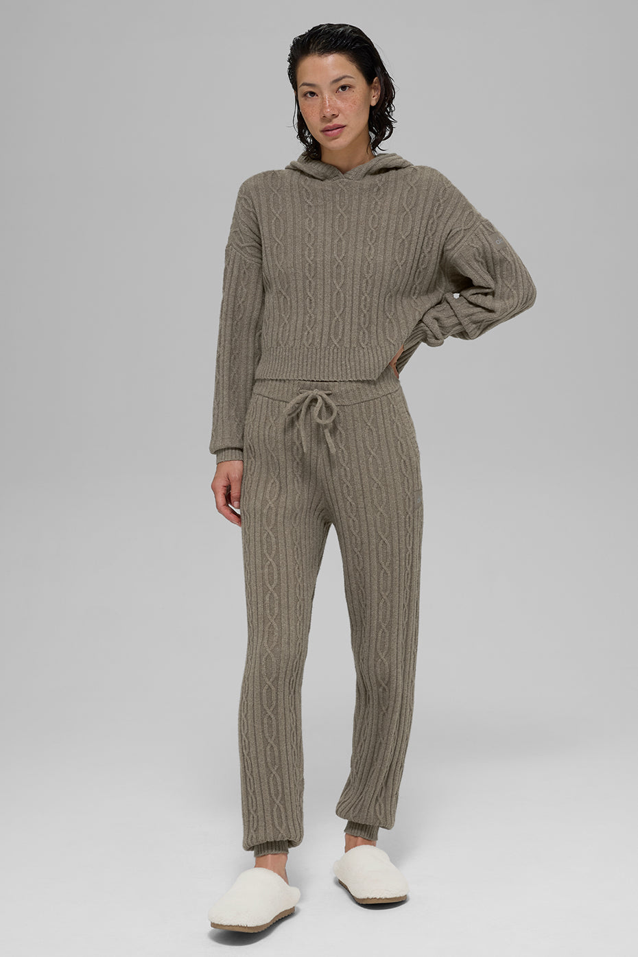 alo Cable Knit Winter Bliss Hoodie - Light Cocoa