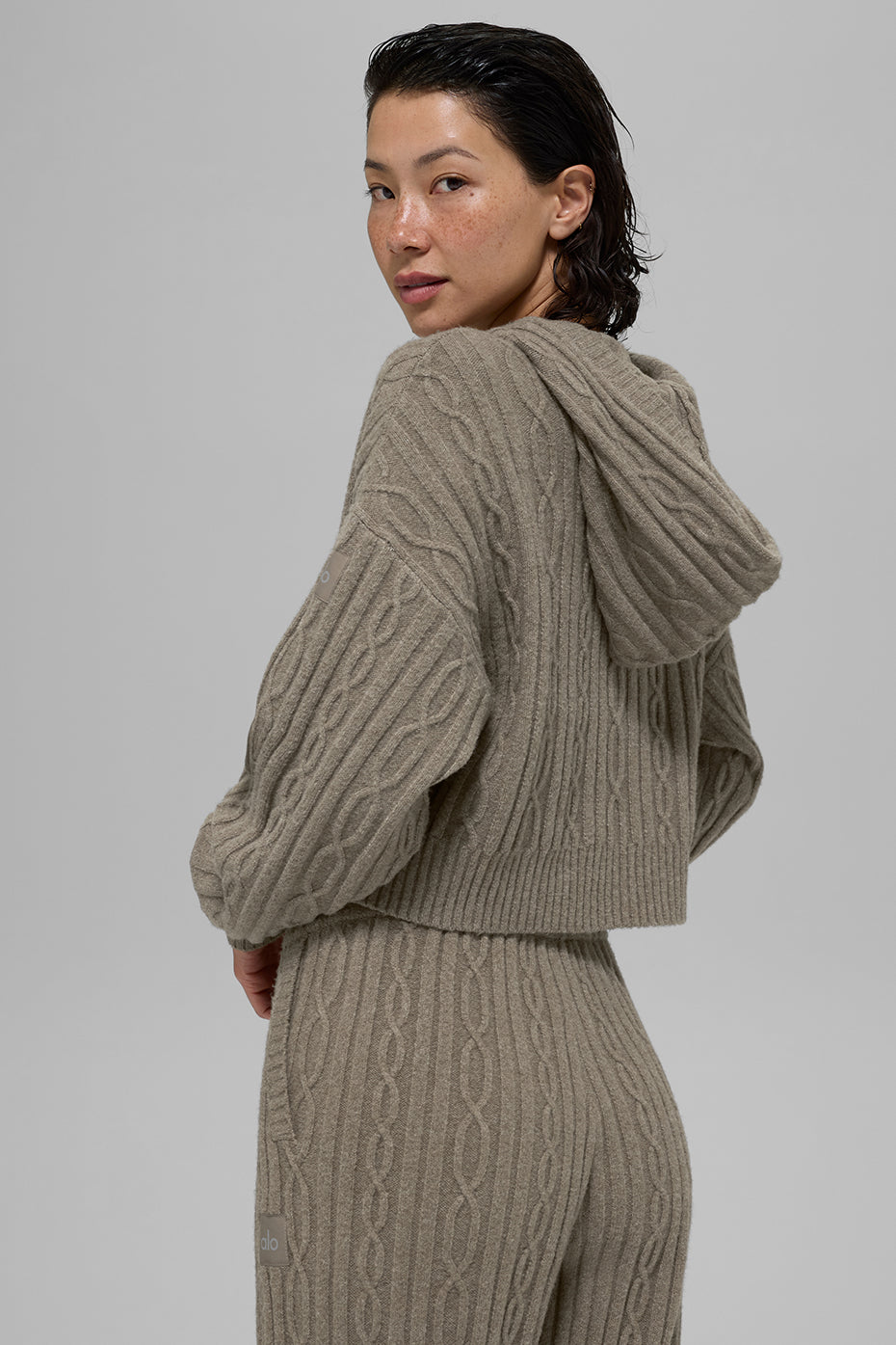 alo Cable Knit Winter Bliss Hoodie - Light Cocoa