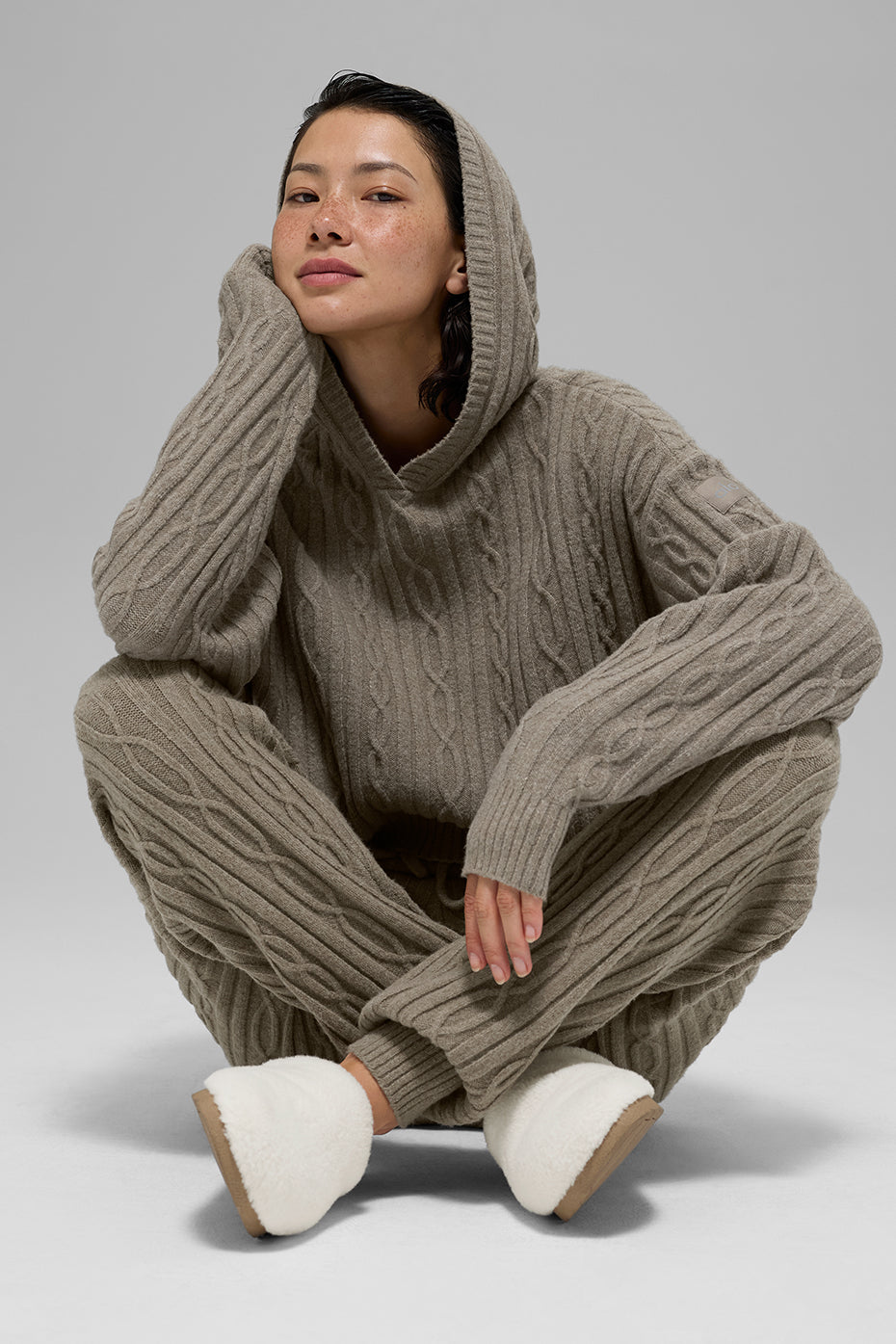 alo Cable Knit Winter Bliss Hoodie - Light Cocoa