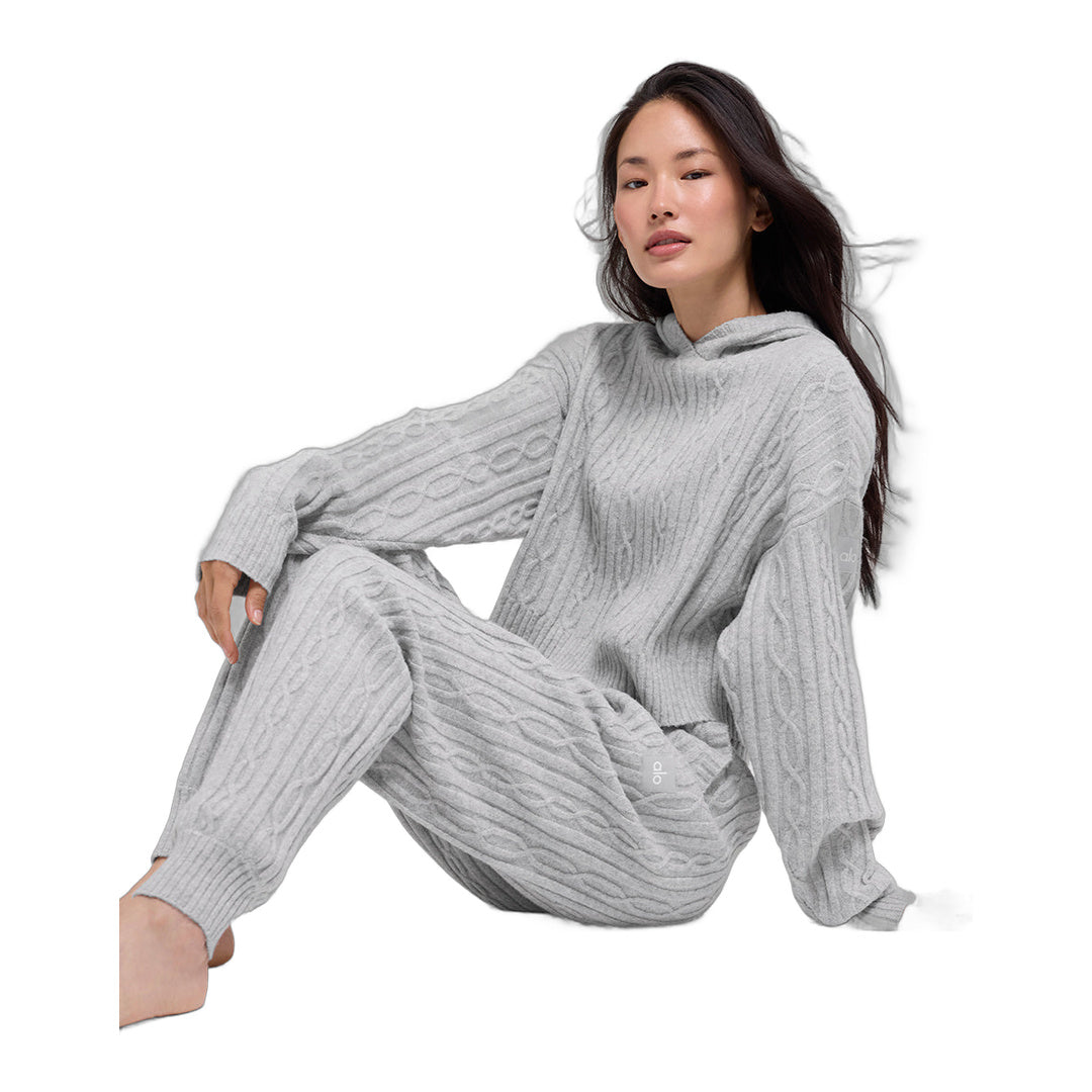 alo Cable Knit Winter Bliss Hoodie - Athletic Heather Grey