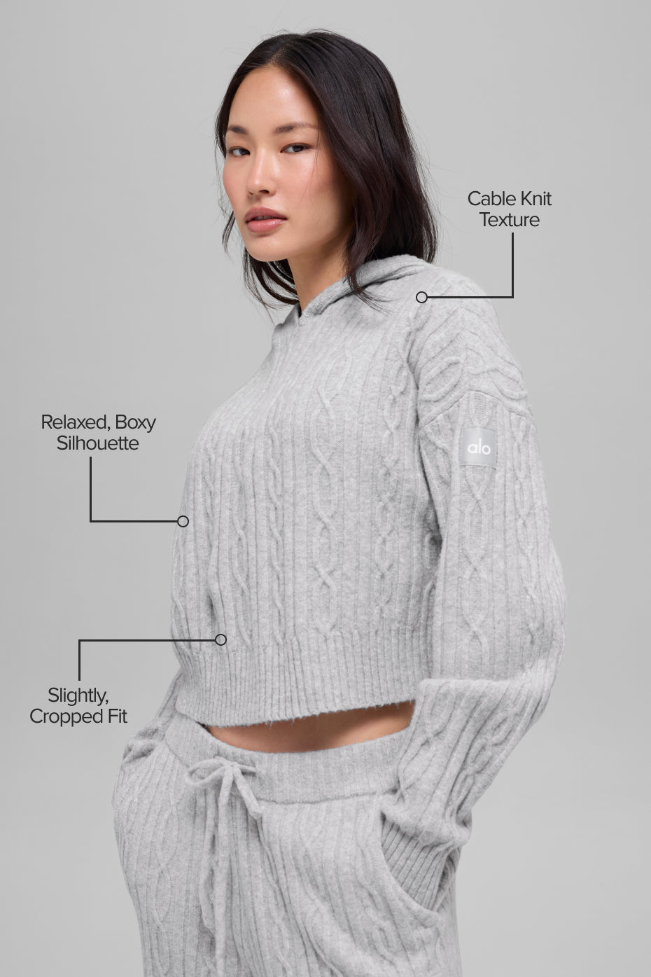 alo Cable Knit Winter Bliss Hoodie - Athletic Heather Grey