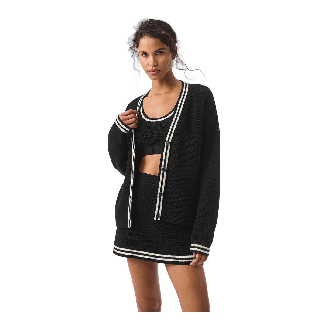alo Tennis Club Sweater Knit Cardigan - Black/Ivory
