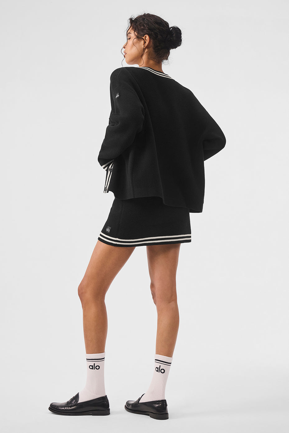 alo Tennis Club Sweater Knit Cardigan - Black/Ivory