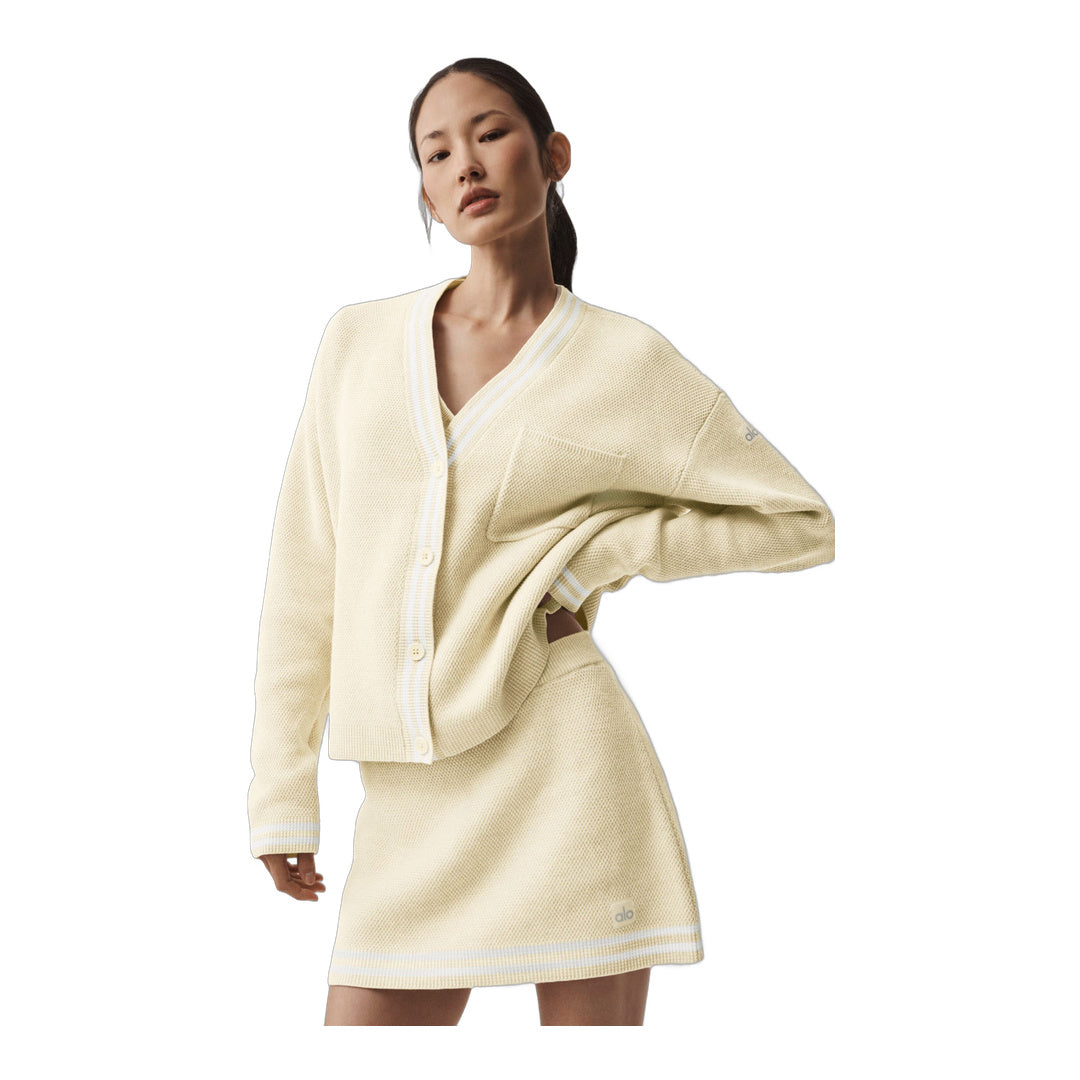 alo Tennis Club Sweater Knit Cardigan - Oatmeal/White