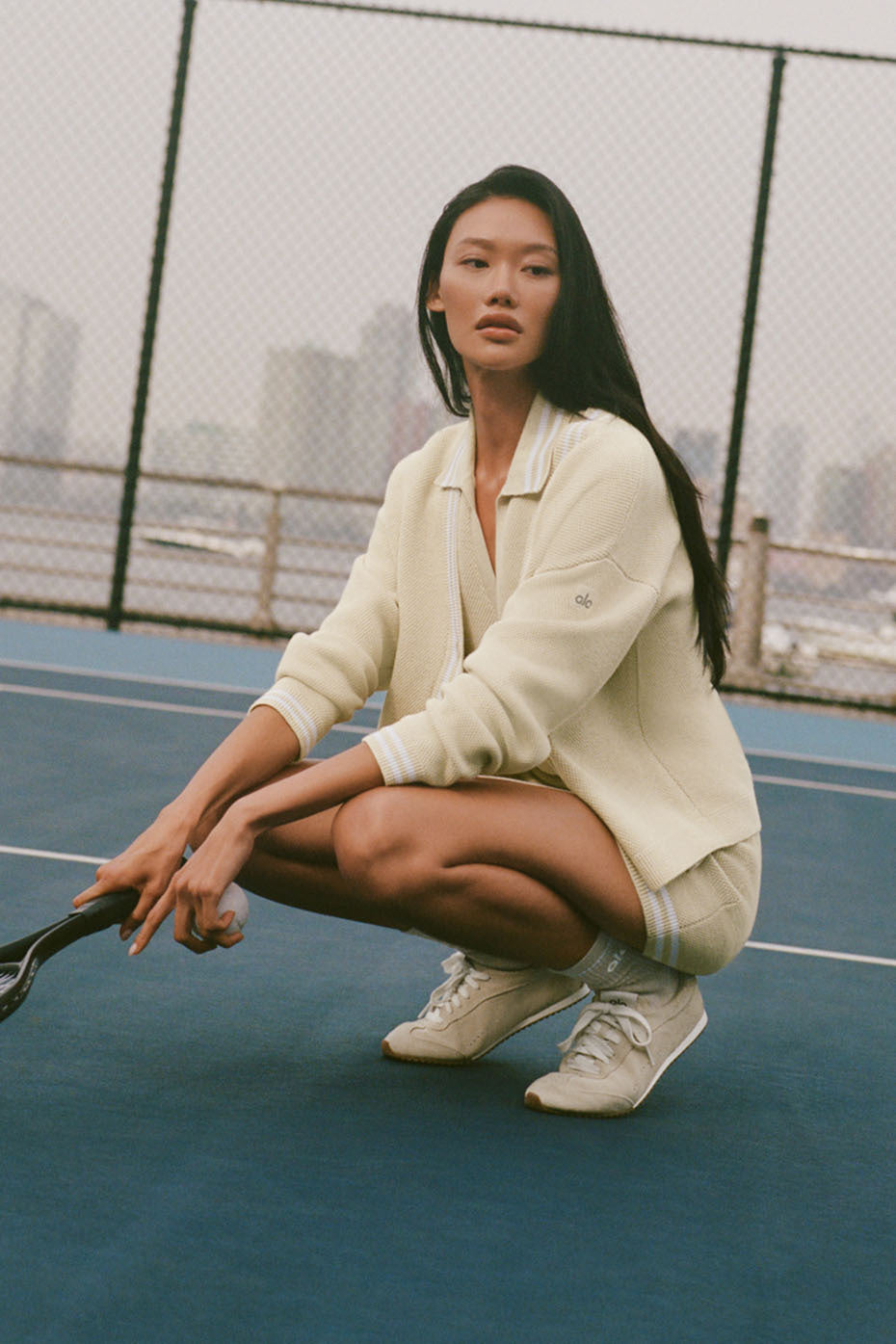 alo Tennis Club Sweater Knit Cardigan - Oatmeal/White