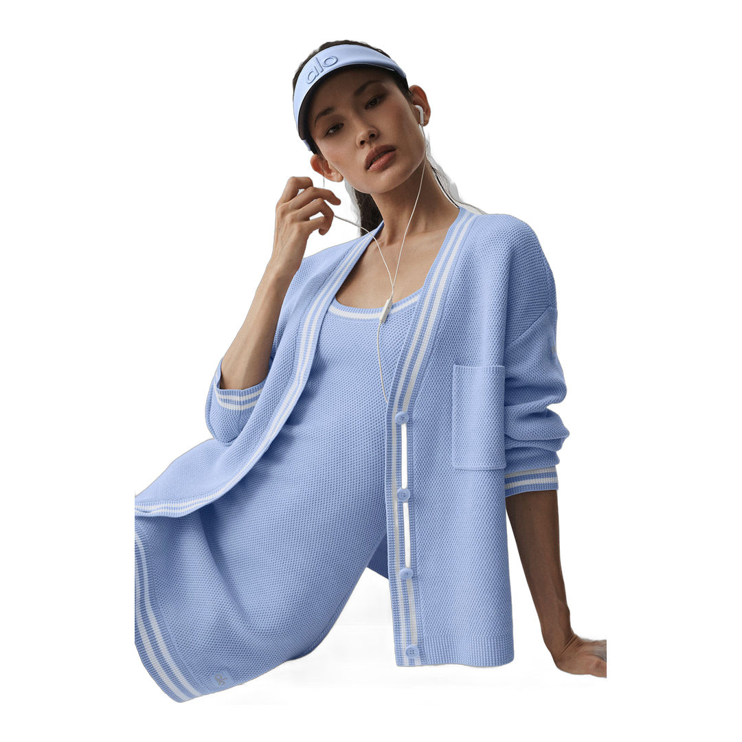 alo Tennis Club Sweater Knit Cardigan - Light Provence Blue/White