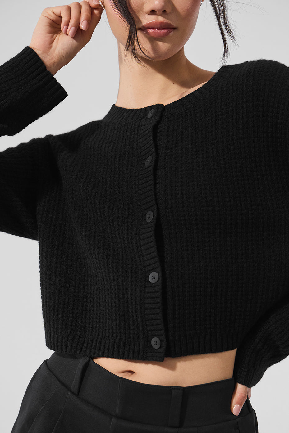 alo Cashmere Plush Waffle Cardigan - Black