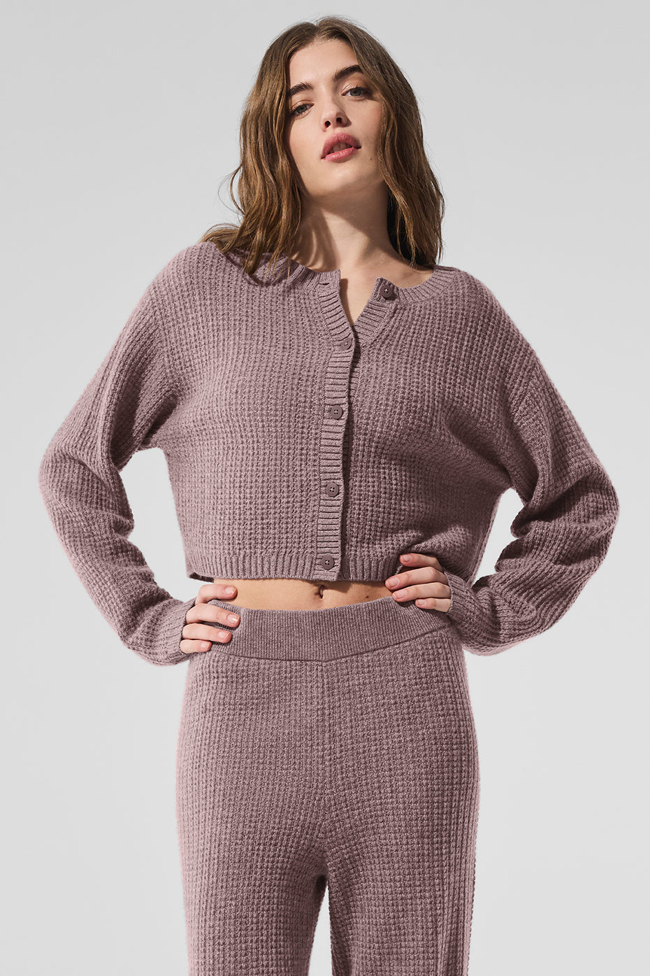 alo Cashmere Plush Waffle Cardigan - Mushroom Heather