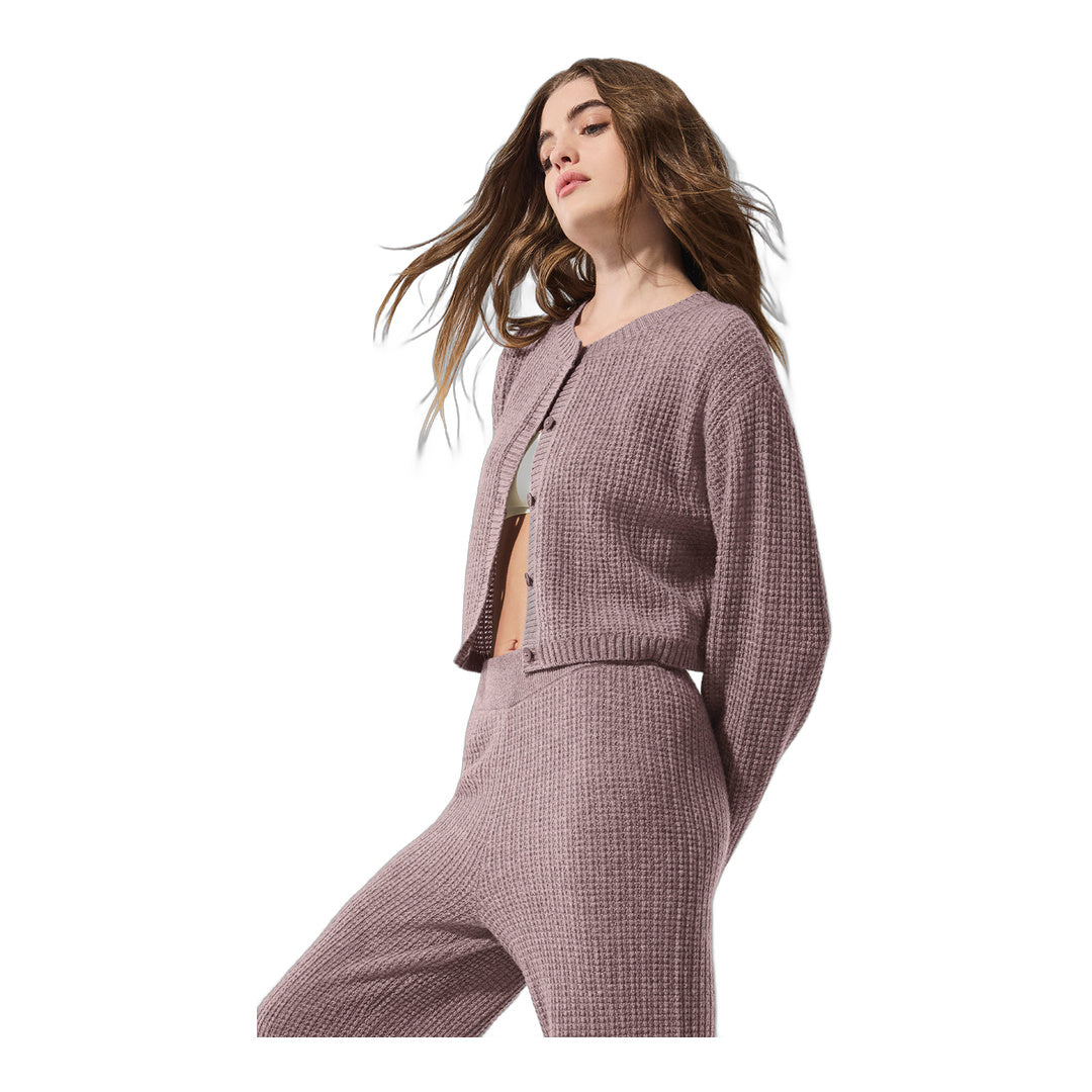 alo Cashmere Plush Waffle Cardigan - Mushroom Heather