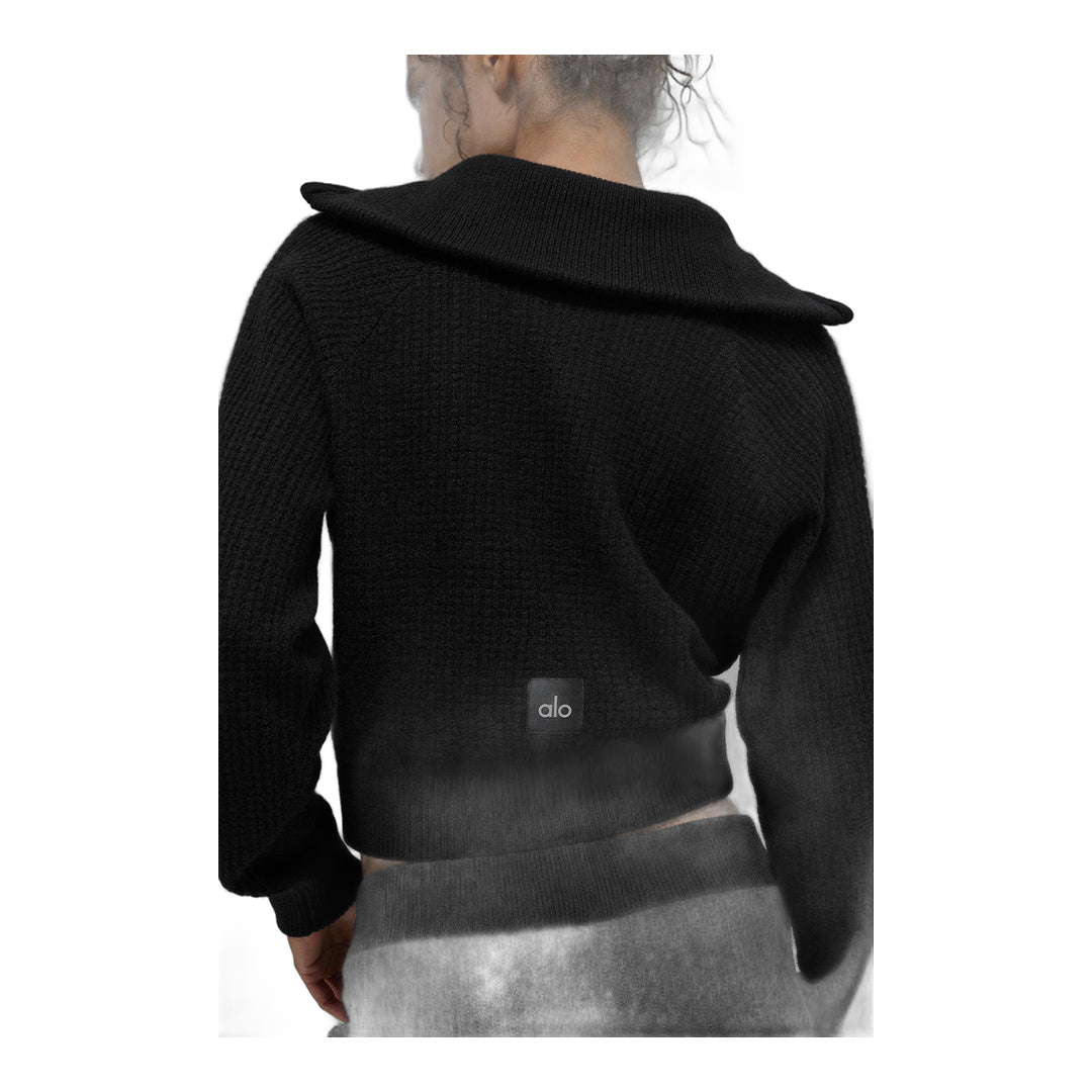 alo Cashmere Plush Waffle 1/4 Zip Pullover - Black