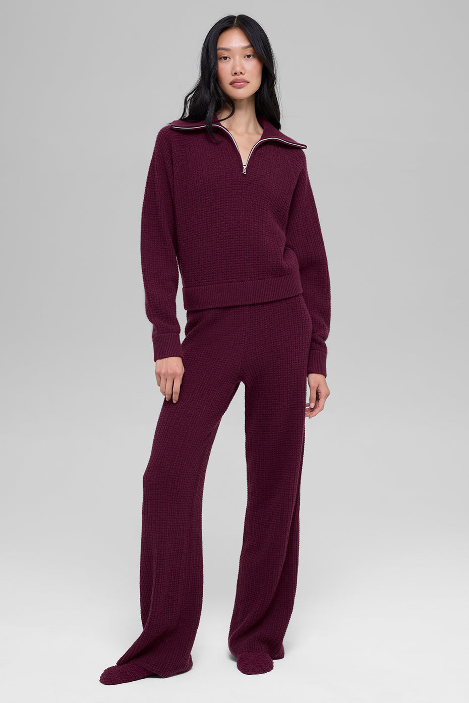 alo Cashmere Plush Waffle 1/4 Zip Pullover - Burgundy