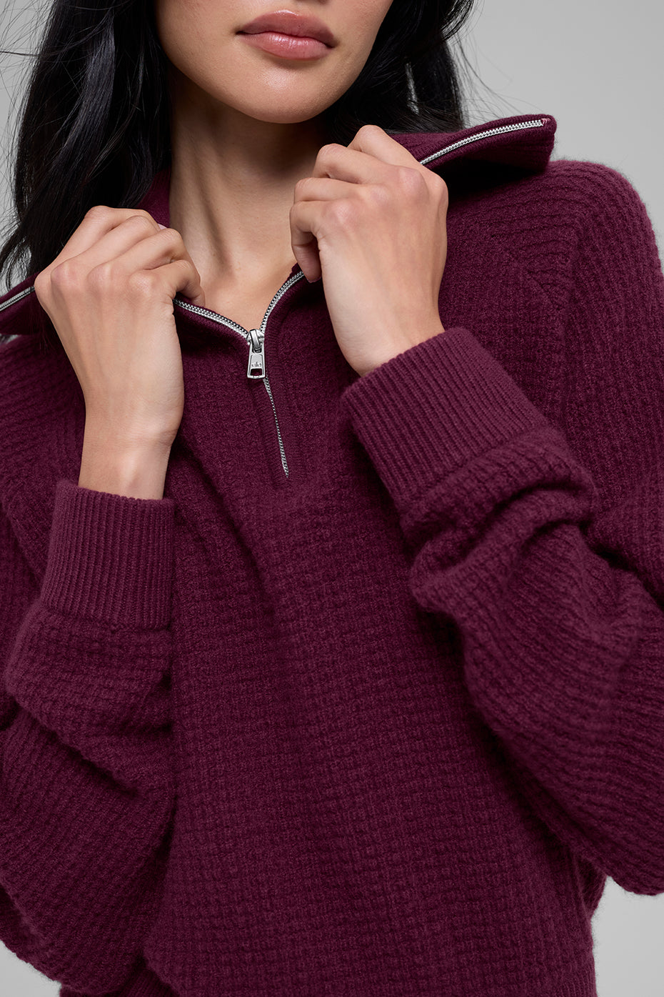 alo Cashmere Plush Waffle 1/4 Zip Pullover - Burgundy