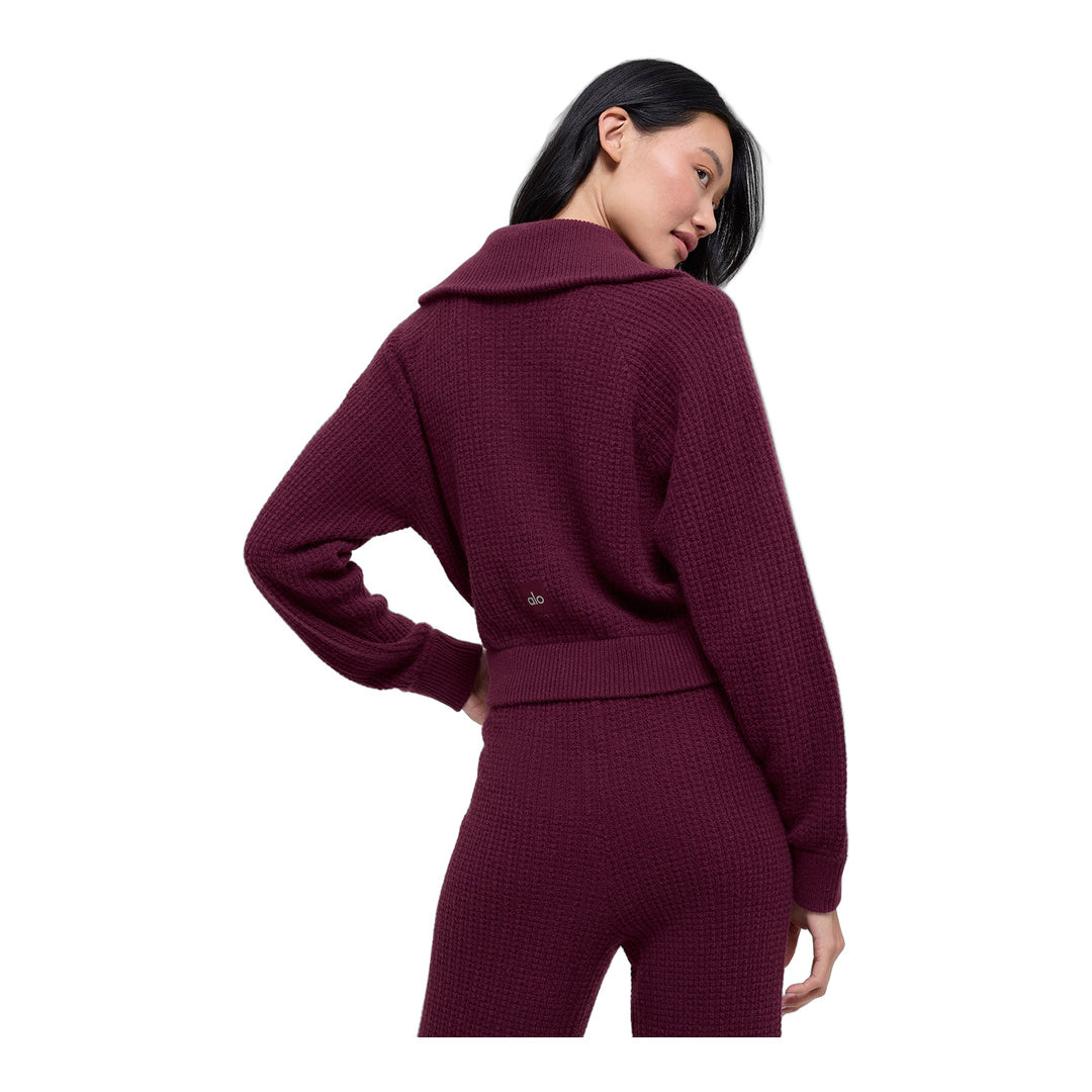 alo Cashmere Plush Waffle 1/4 Zip Pullover - Burgundy