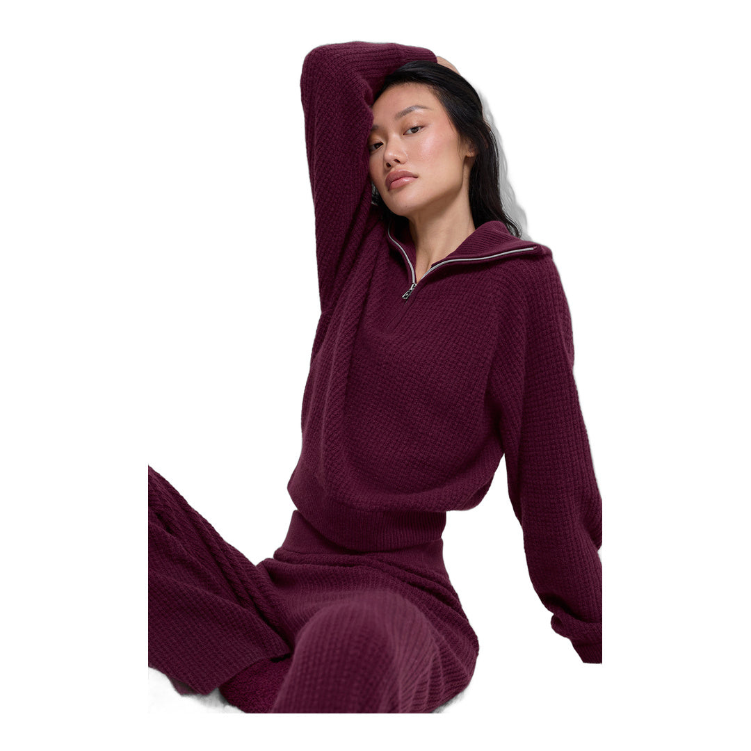 alo Cashmere Plush Waffle 1/4 Zip Pullover - Burgundy