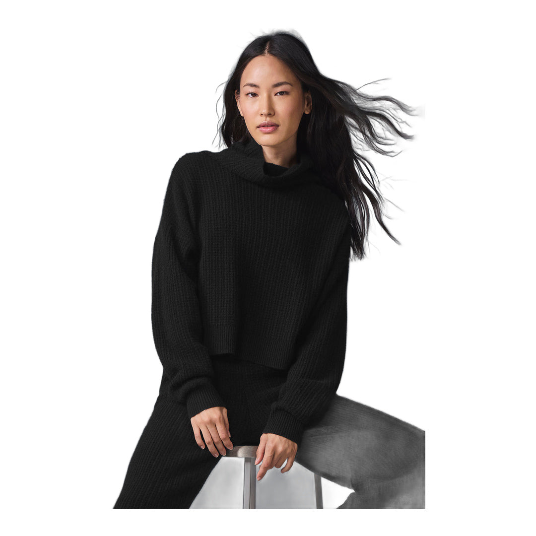 alo Cashmere Plush Waffle Turtleneck Pullover - Black
