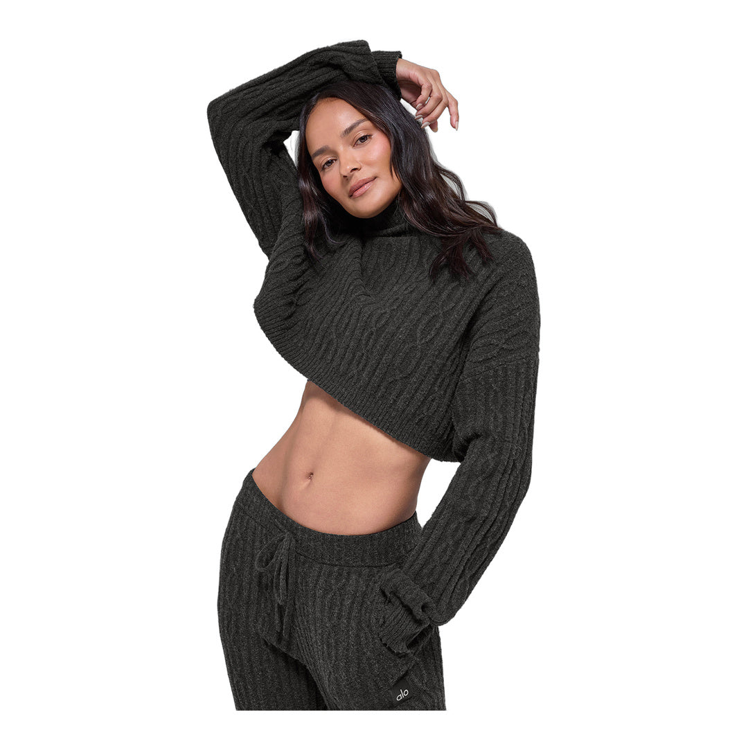 alo Cable Knit Cropped Winter Bliss Turtleneck Long Sleeve - Dark Heather Grey