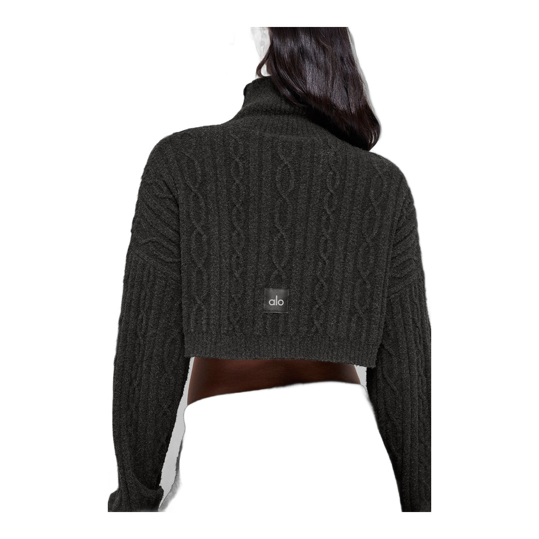alo Cable Knit Cropped Winter Bliss Turtleneck Long Sleeve - Dark Heather Grey
