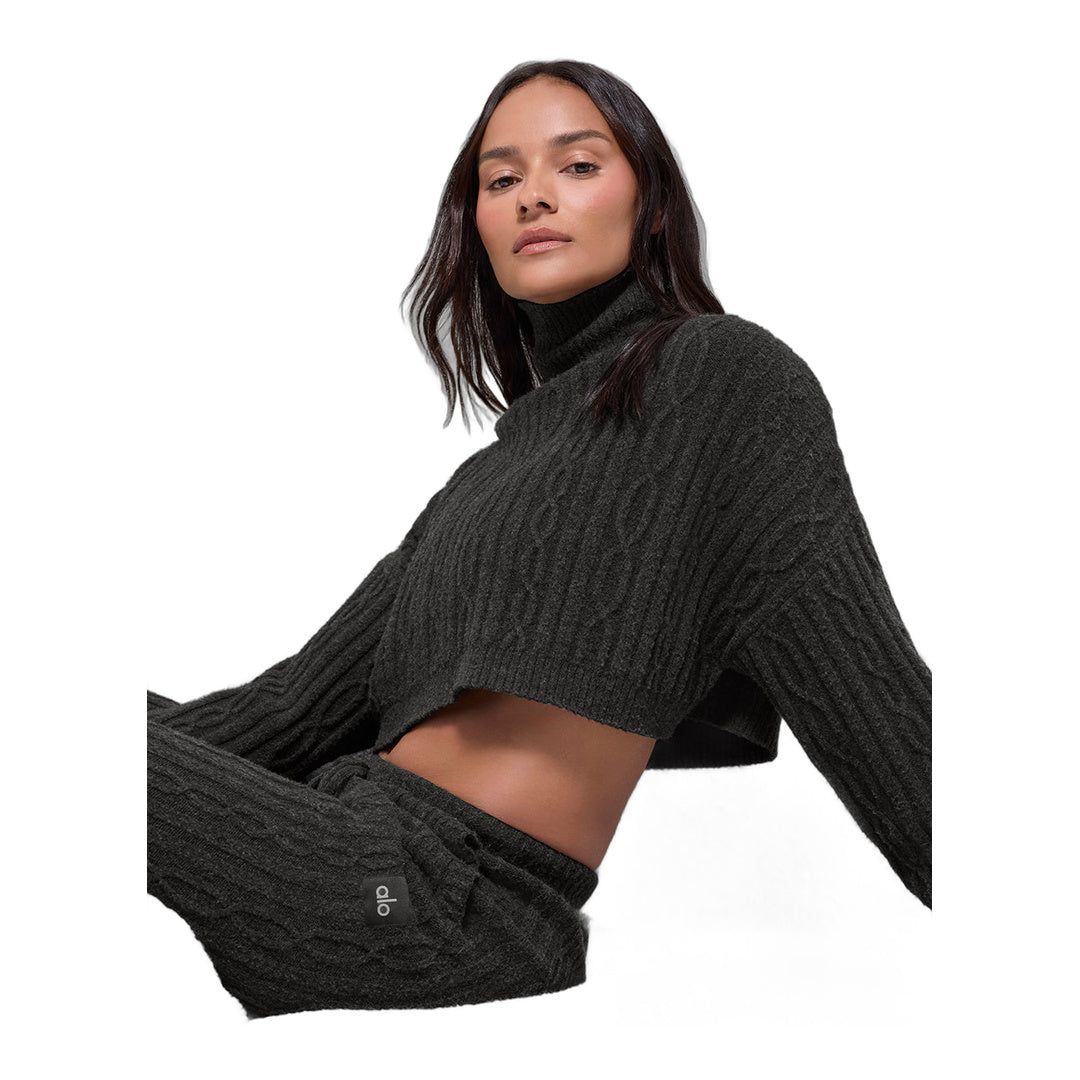alo Cable Knit Cropped Winter Bliss Turtleneck Long Sleeve - Dark Heather Grey