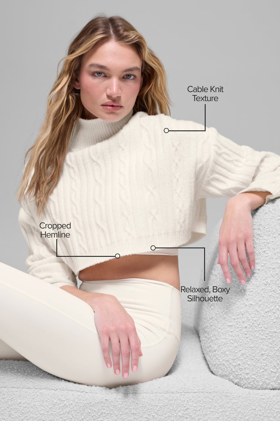 alo Cable Knit Cropped Winter Bliss Turtleneck Long Sleeve - Ivory