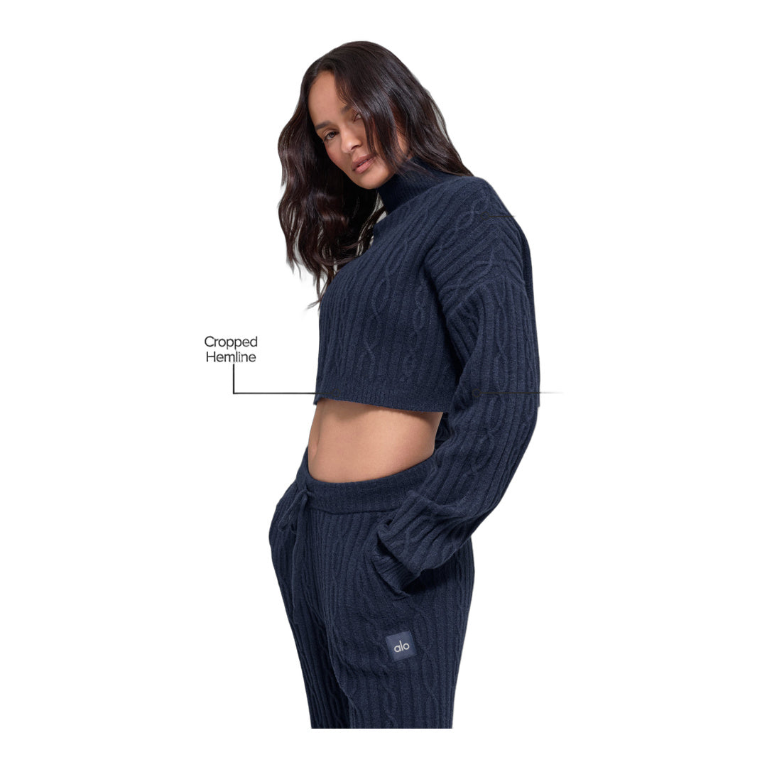 alo Cable Knit Cropped Winter Bliss Turtleneck Long Sleeve - Navy