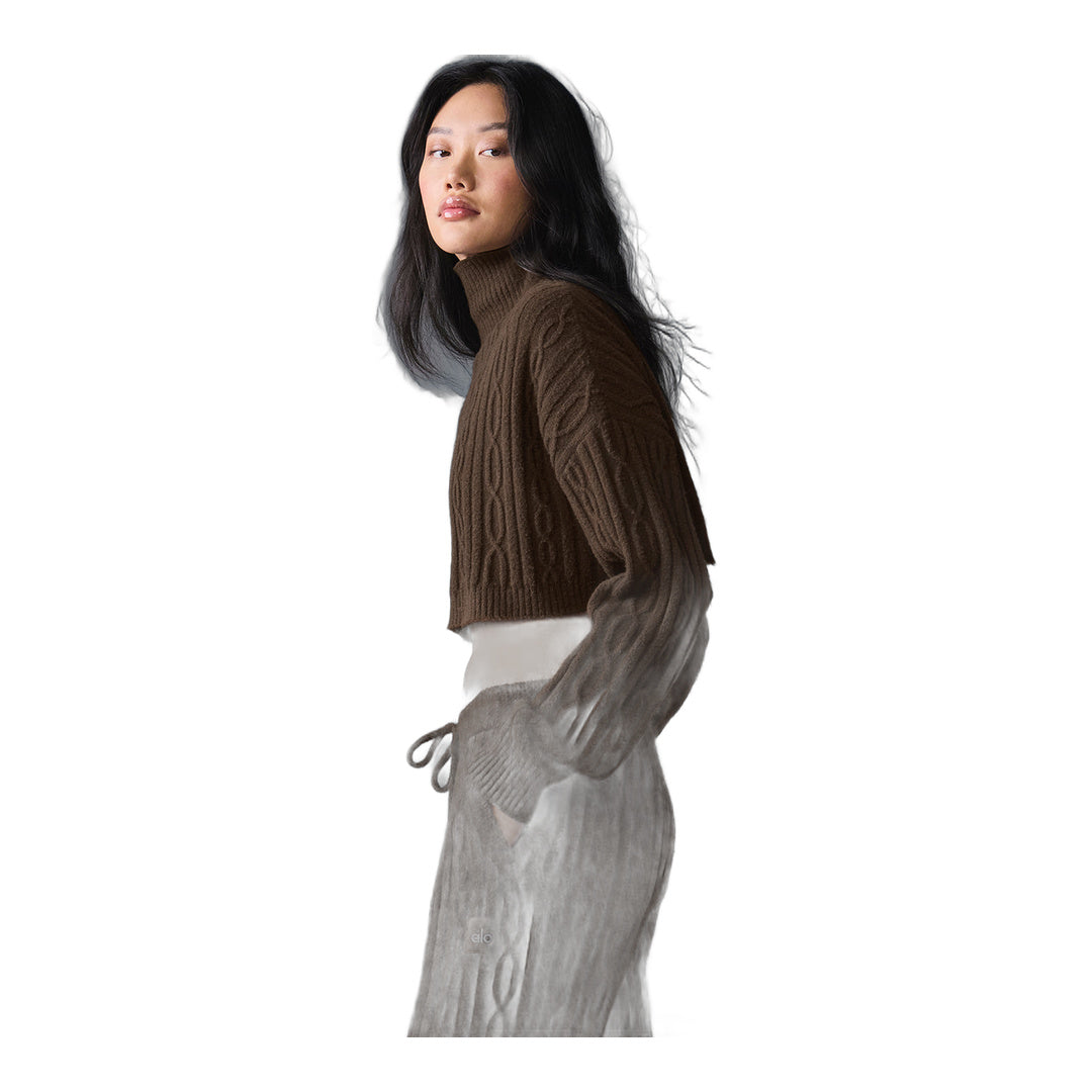 alo Cable Knit Cropped Winter Bliss Turtleneck Long Sleeve - Espresso
