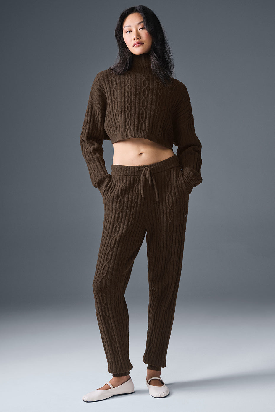 alo Cable Knit Cropped Winter Bliss Turtleneck Long Sleeve - Espresso