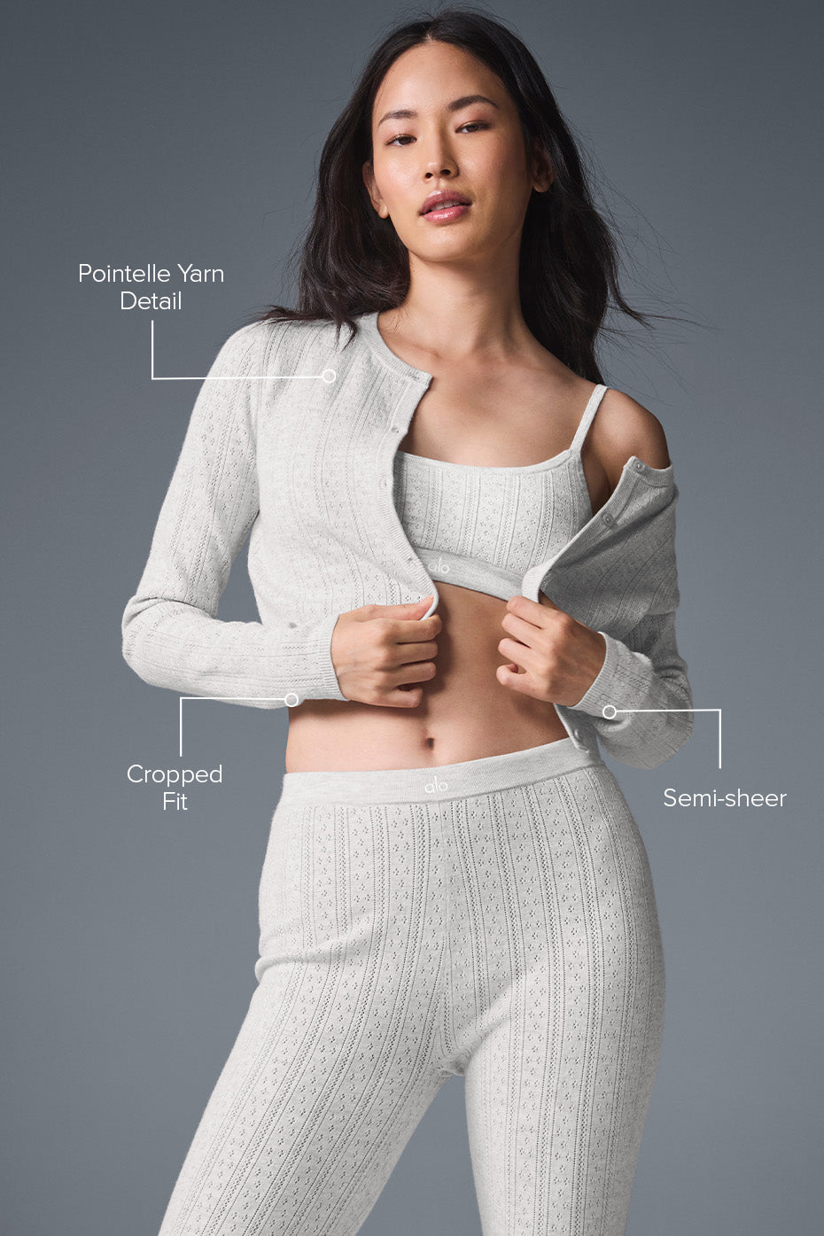 alo Pointelle Sweater Be Mine Cardigan - Light Grey Heather