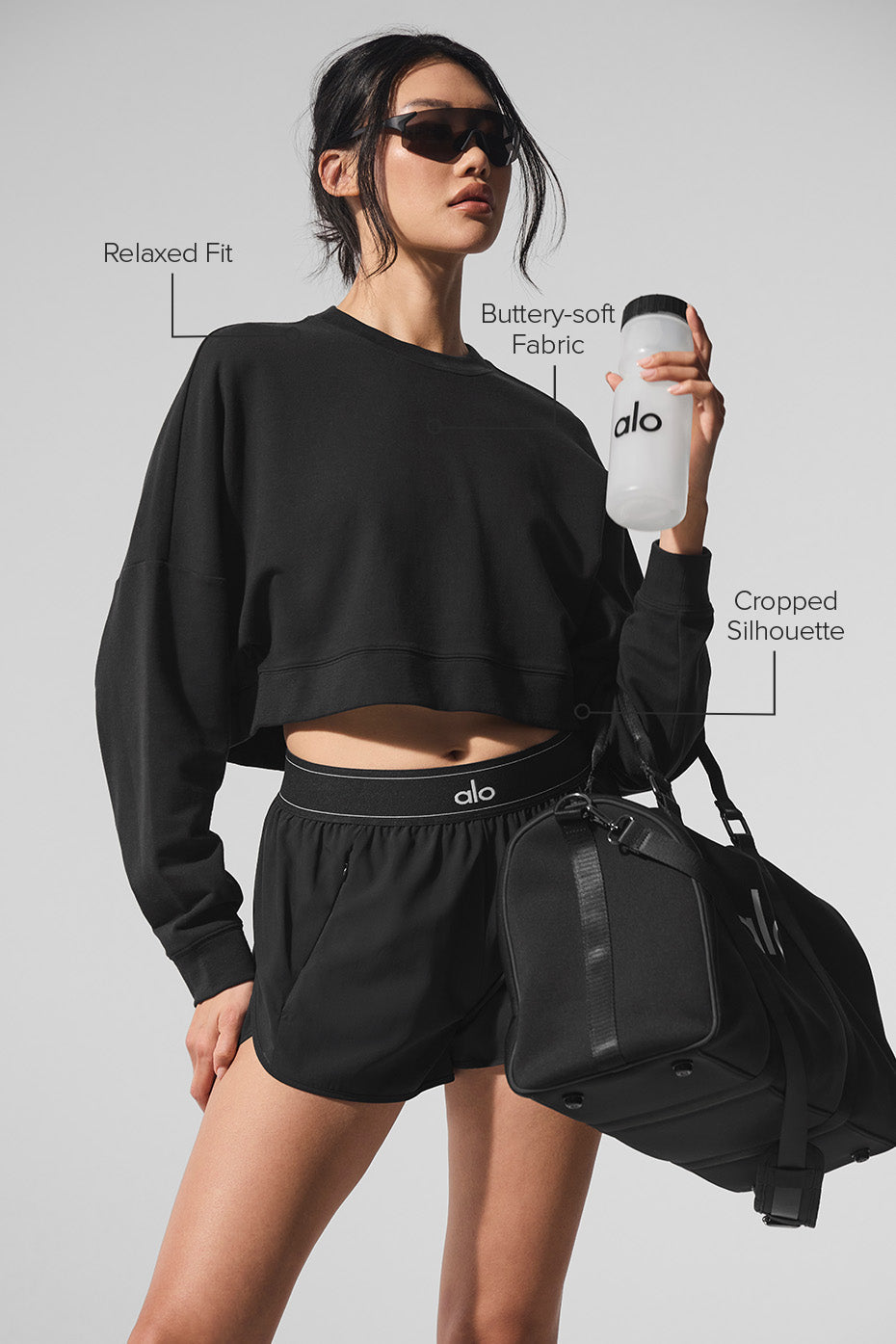 alo Cropped Sway Crew Neck Pullover - Black