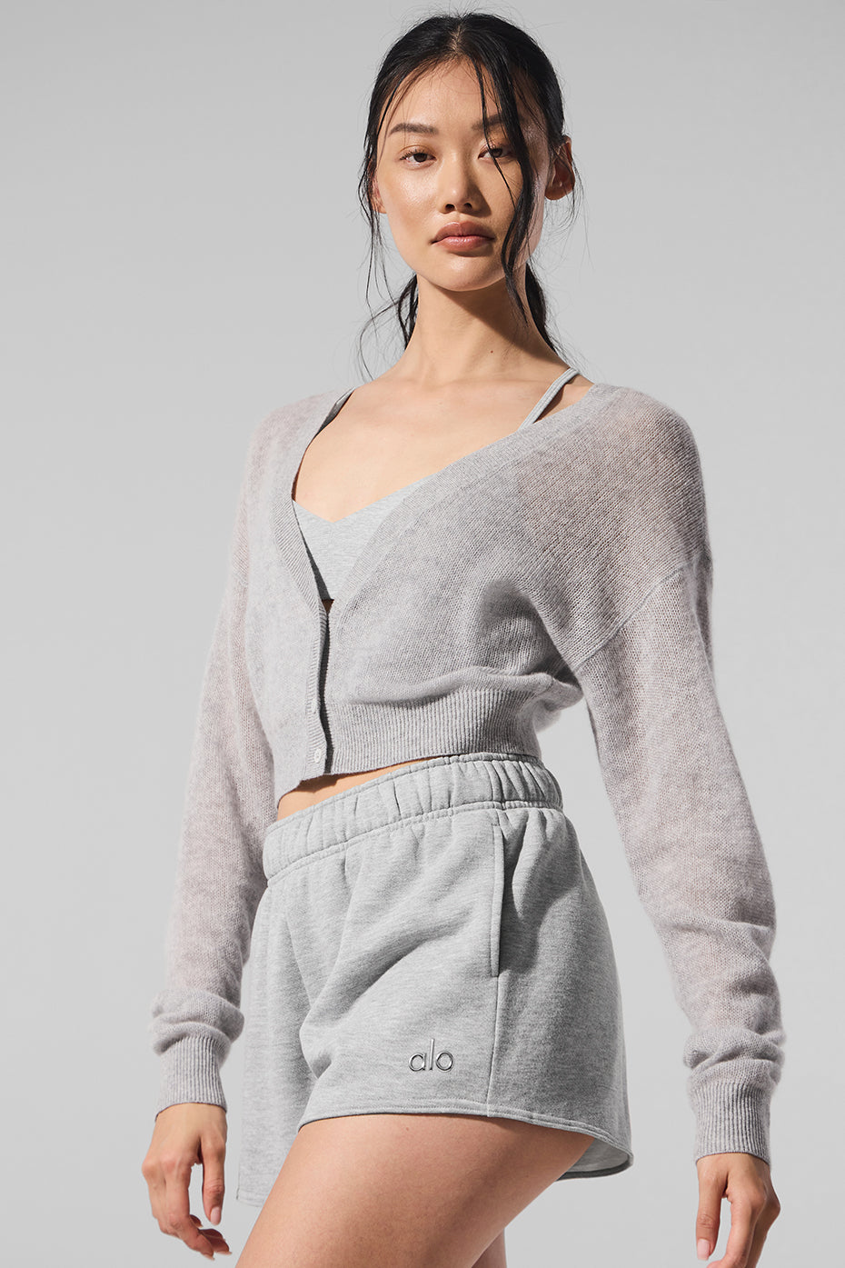 alo Sheer Cashmere Cropped Cardigan - Athletic Heather Grey