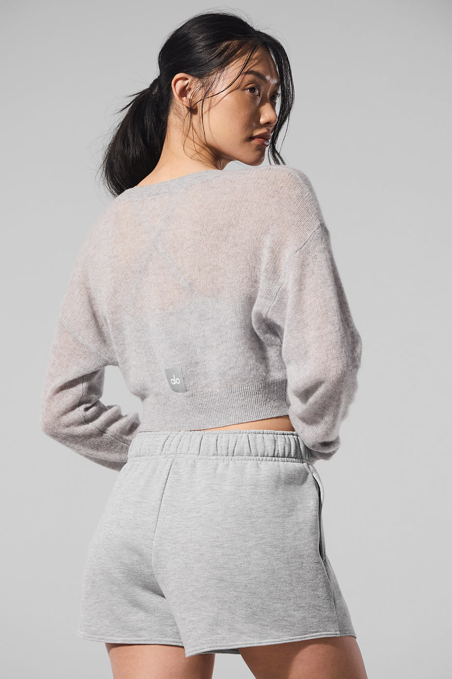 alo Sheer Cashmere Cropped Cardigan - Athletic Heather Grey