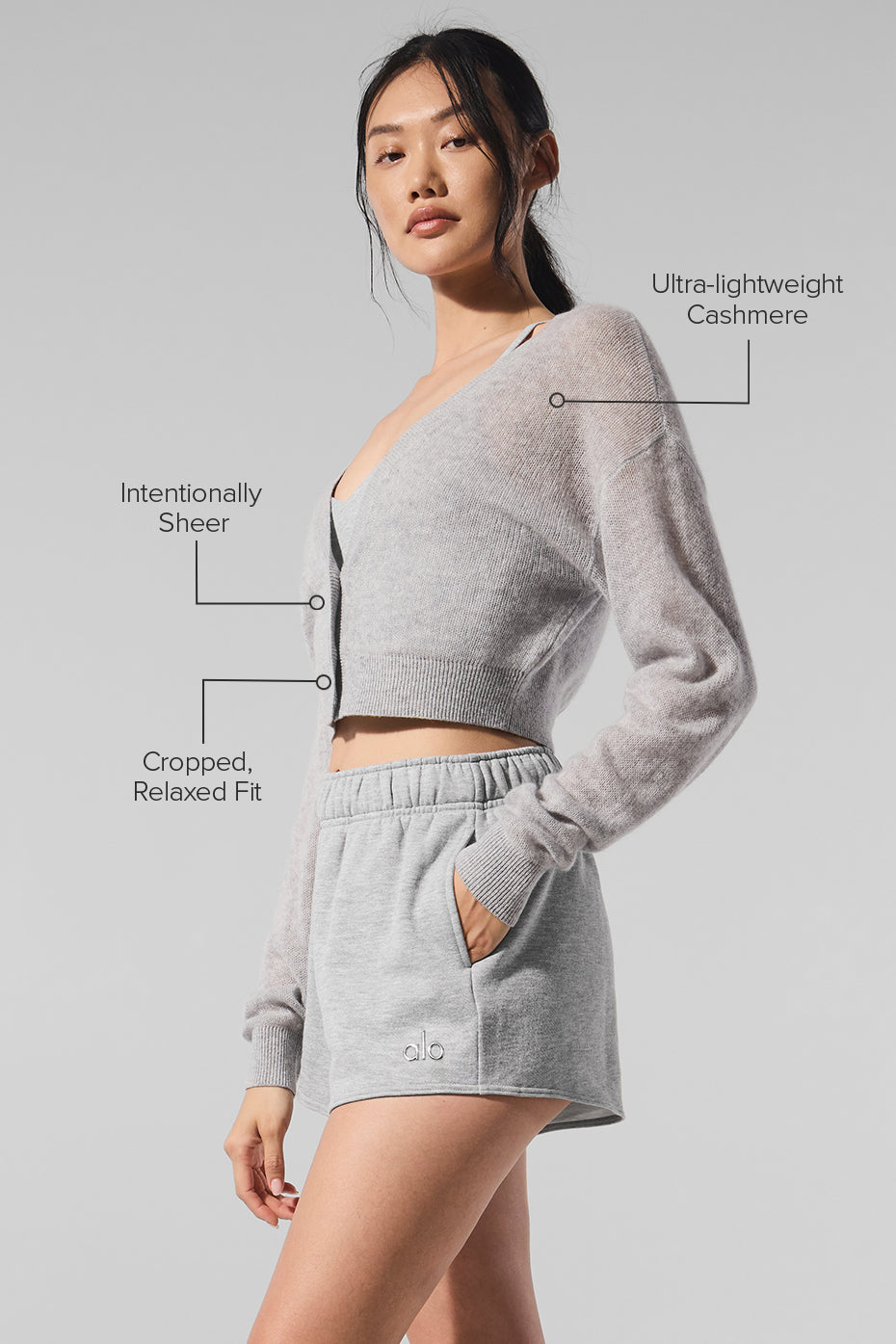 alo Sheer Cashmere Cropped Cardigan - Athletic Heather Grey