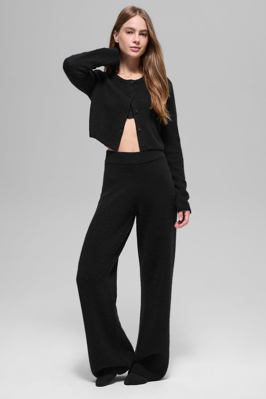alo Wool Cashmere New Class Cropped Cardigan - Black