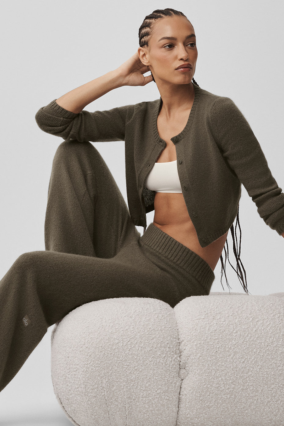 alo Wool Cashmere New Class Cropped Cardigan - Olive Tree