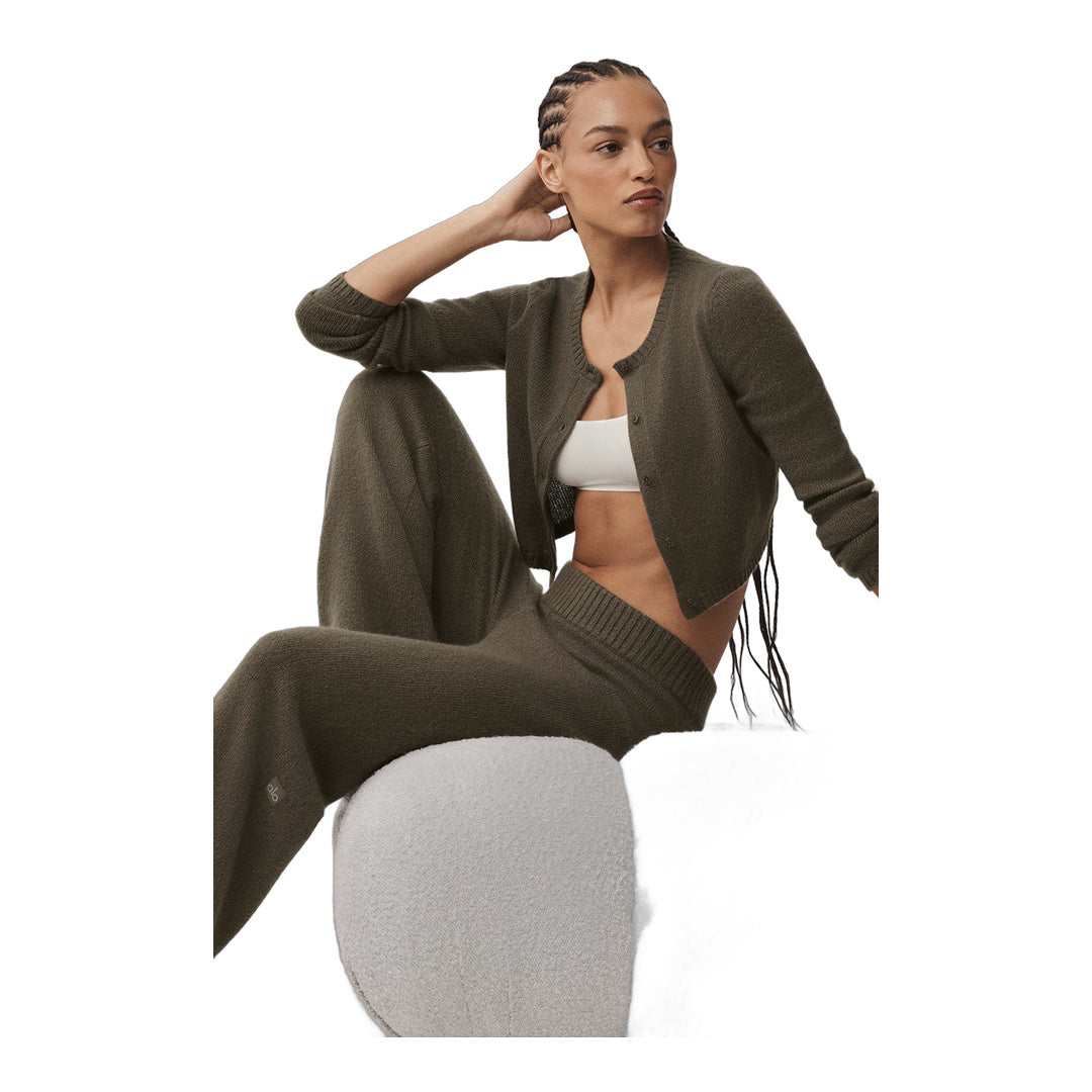 alo Wool Cashmere New Class Cropped Cardigan - Olive Tree