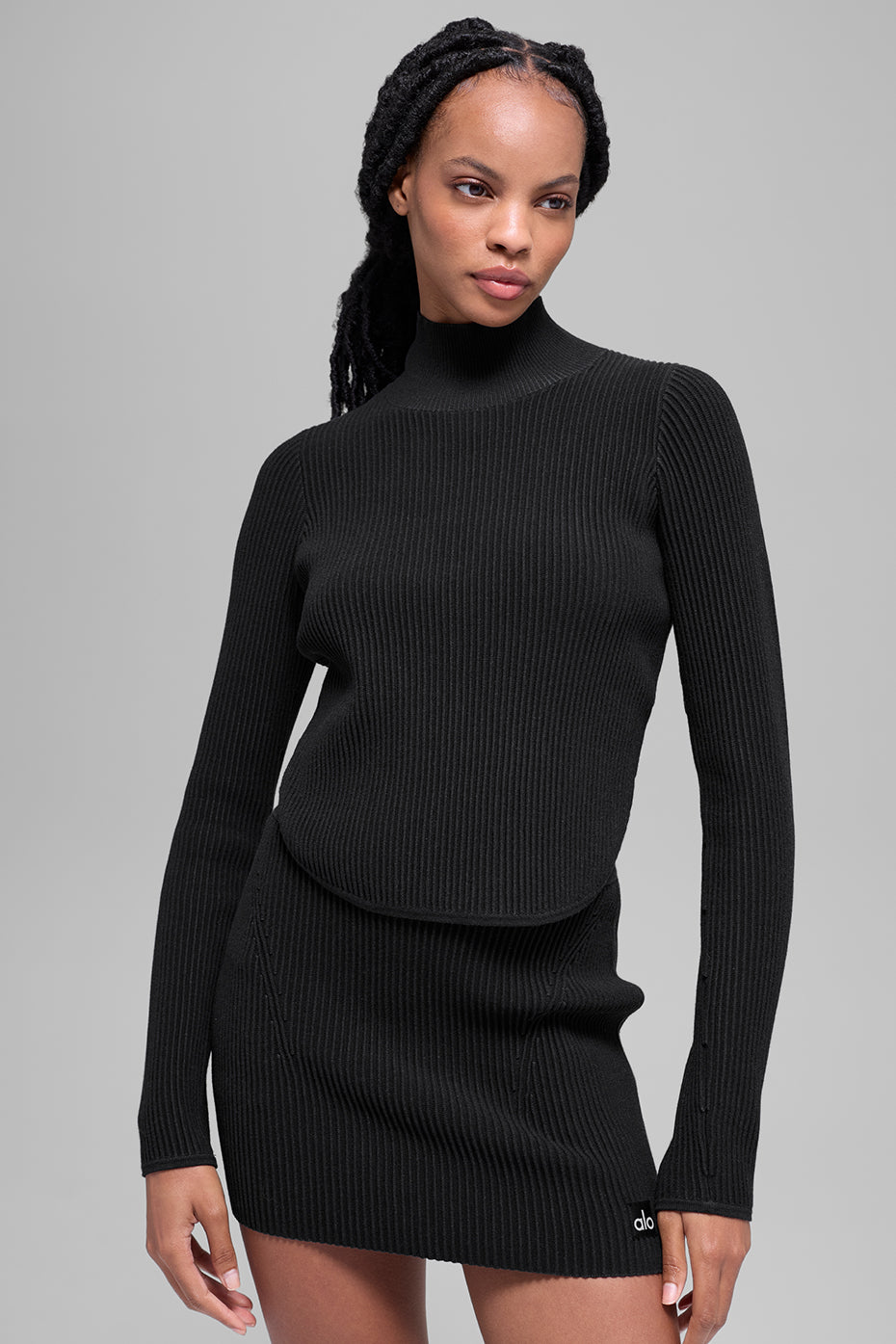 alo Denim Knit Backless Long Sleeve - Black/Anthracite