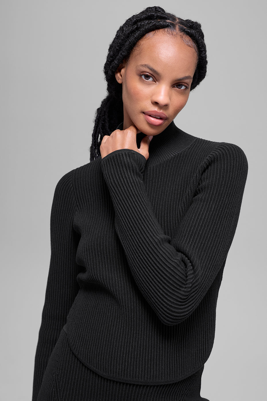 alo Denim Knit Backless Long Sleeve - Black/Anthracite