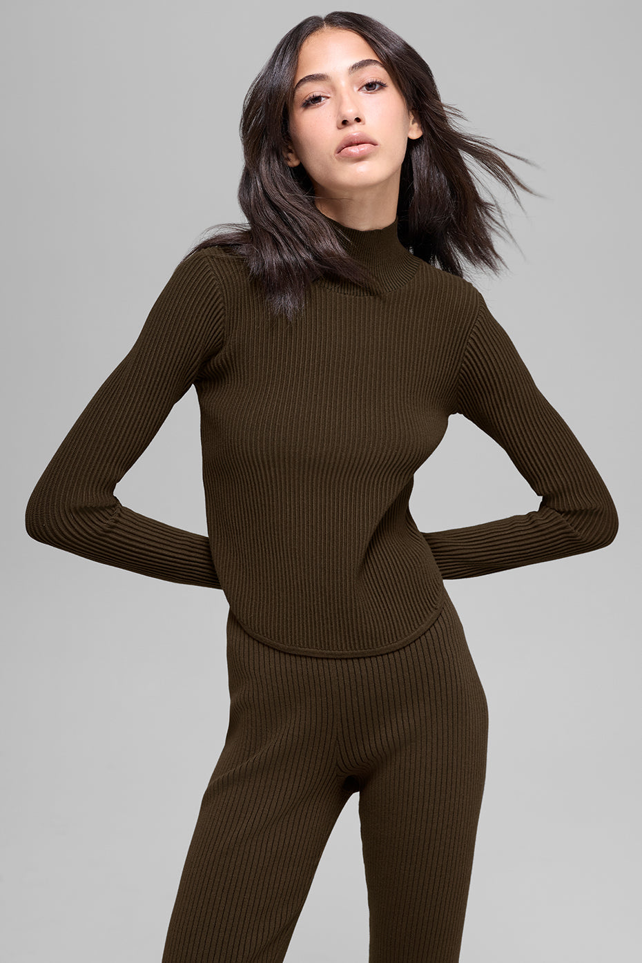 alo Denim Knit Backless Long Sleeve - Espresso/Black