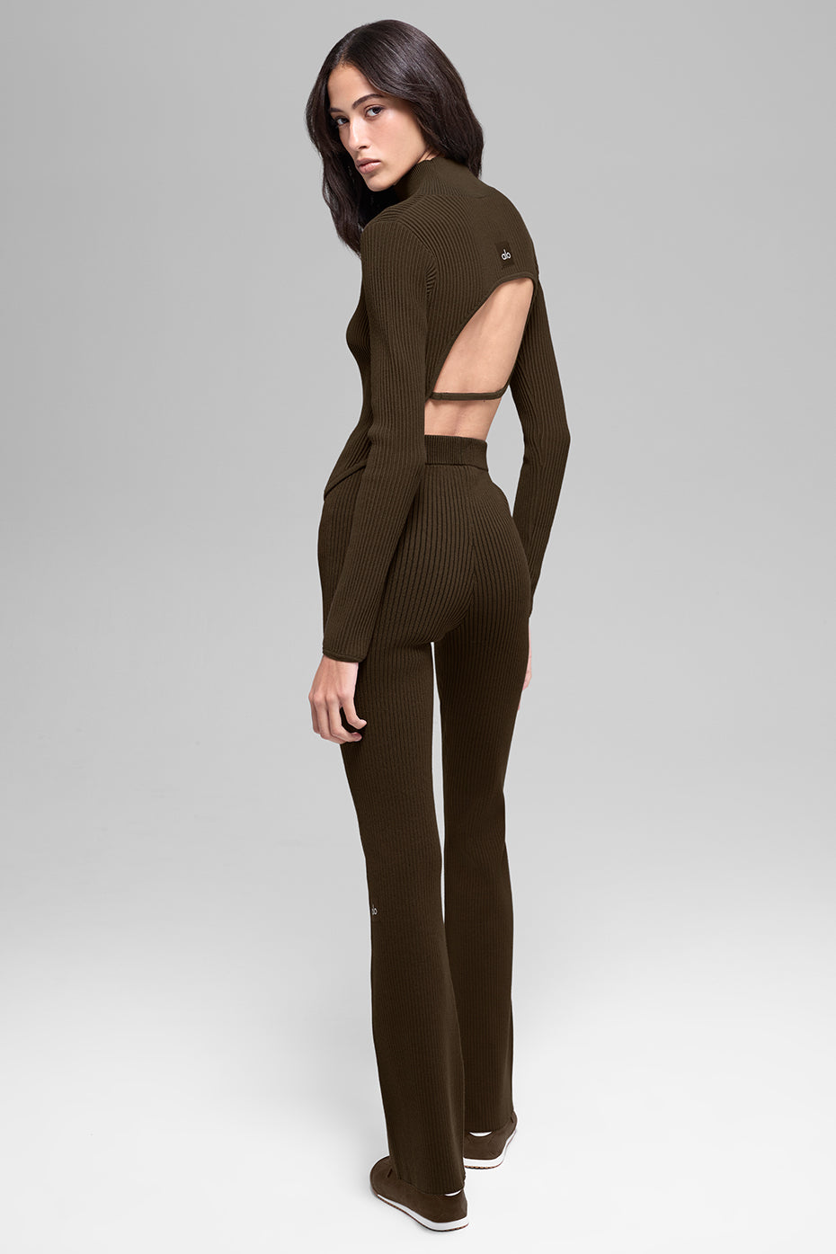 alo Denim Knit Backless Long Sleeve - Espresso/Black