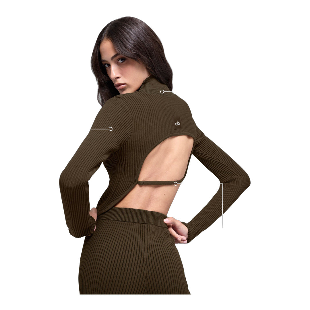 alo Denim Knit Backless Long Sleeve - Espresso/Black