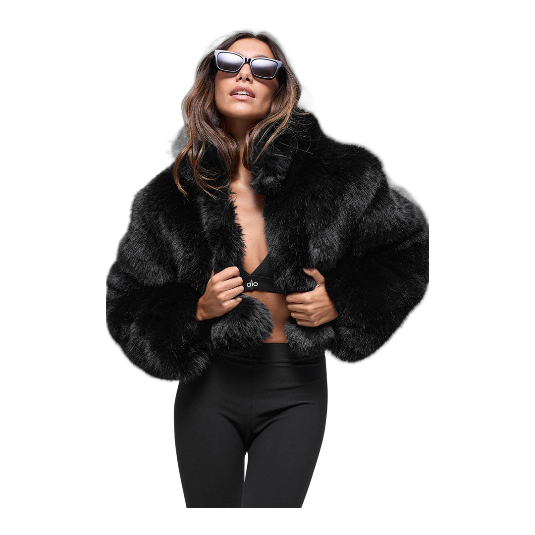 alo Opulent Faux Fur Cropped Jacket - Black