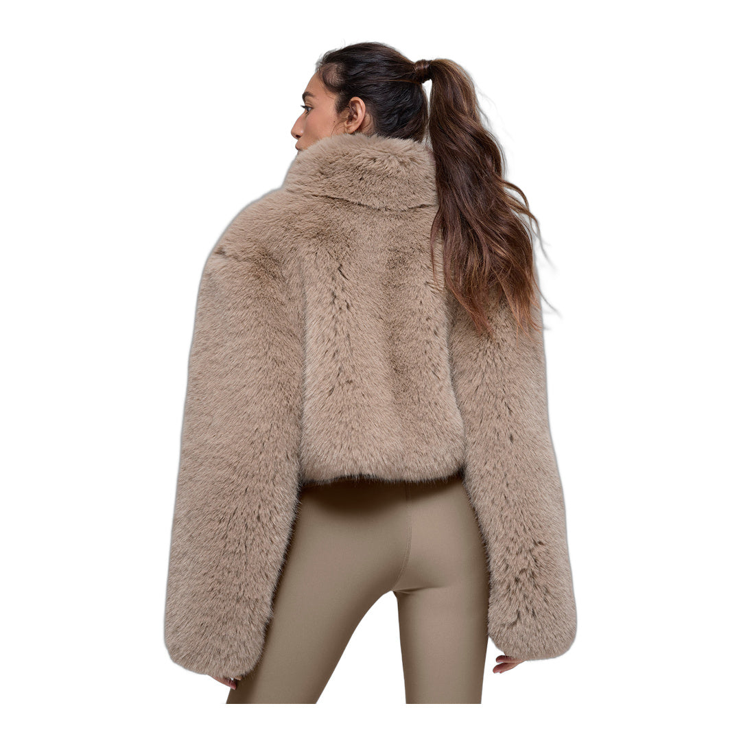 alo Opulent Faux Fur Cropped Jacket - Oat