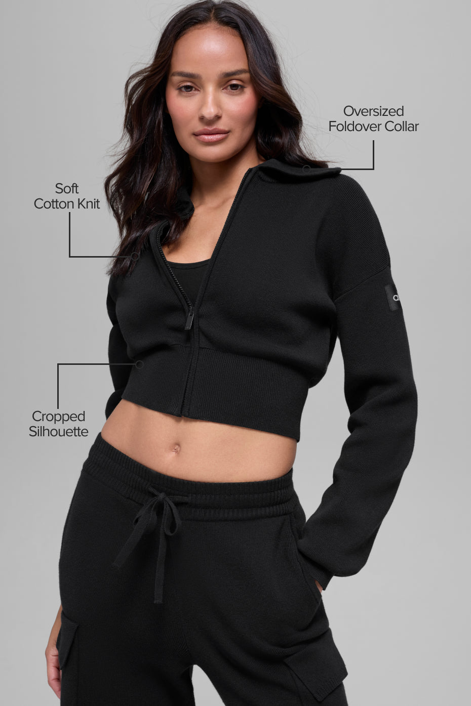 alo Scholar Knit Cropped Full Zip Jacket - Black