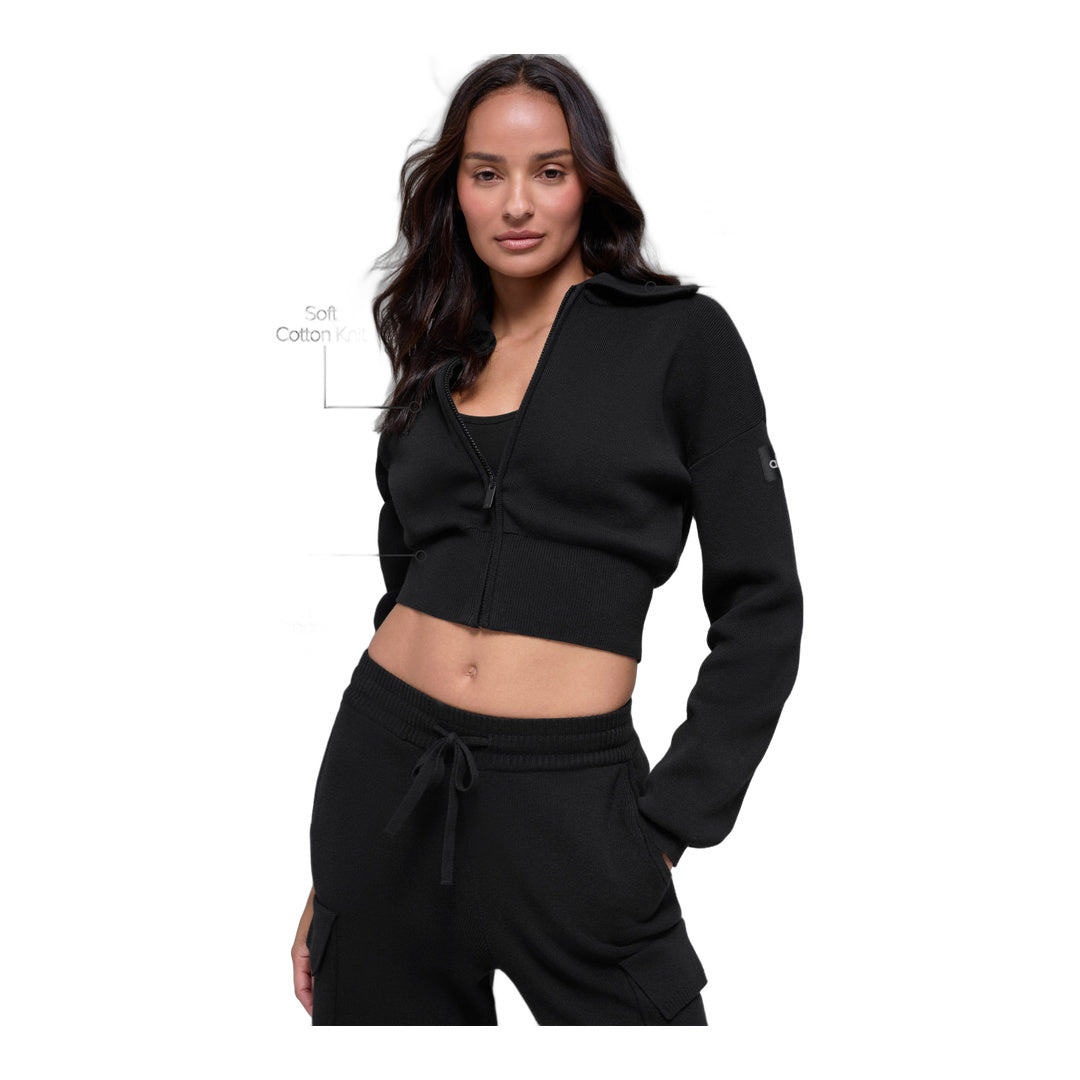 alo Scholar Knit Cropped Full Zip Jacket - Black