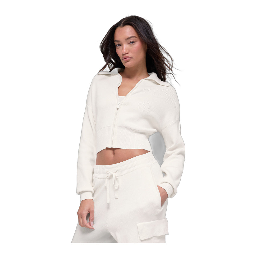 alo Scholar Knit Cropped Full Zip Jacket - Ivory