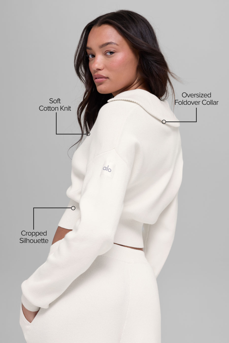 alo Scholar Knit Cropped Full Zip Jacket - Ivory
